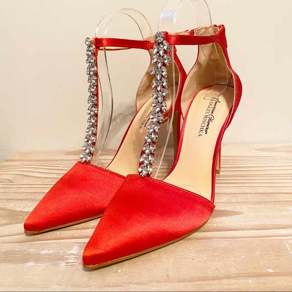 Badgley Mischka Shoes - Badgley Mischka Scarlet Satin Heels with Crystal Accents